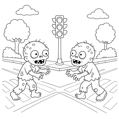 Friendly Zombies at Crossroads Coloring Page