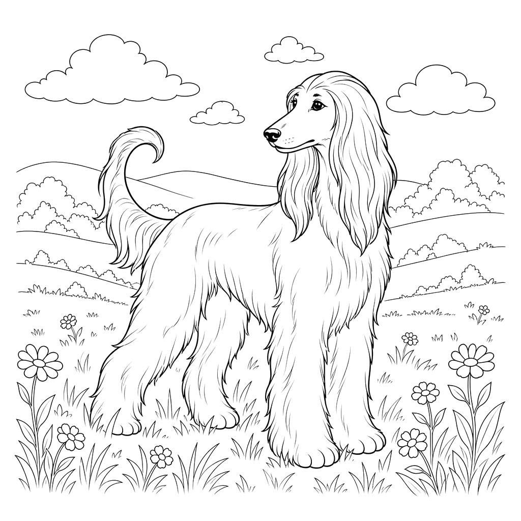 Afghan Hound in the Field Coloring Page