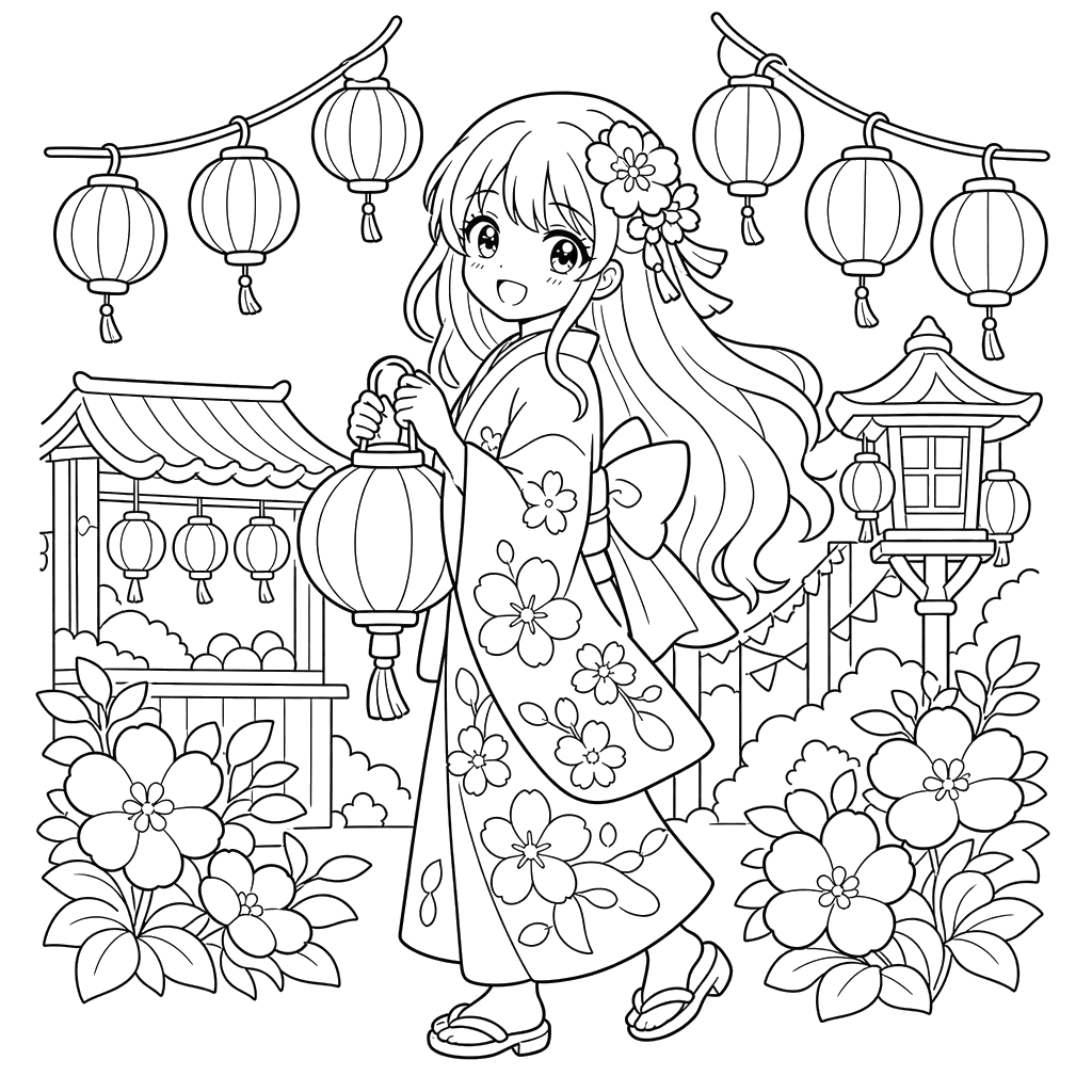 Anime girl at festival lanterns — printable coloring page