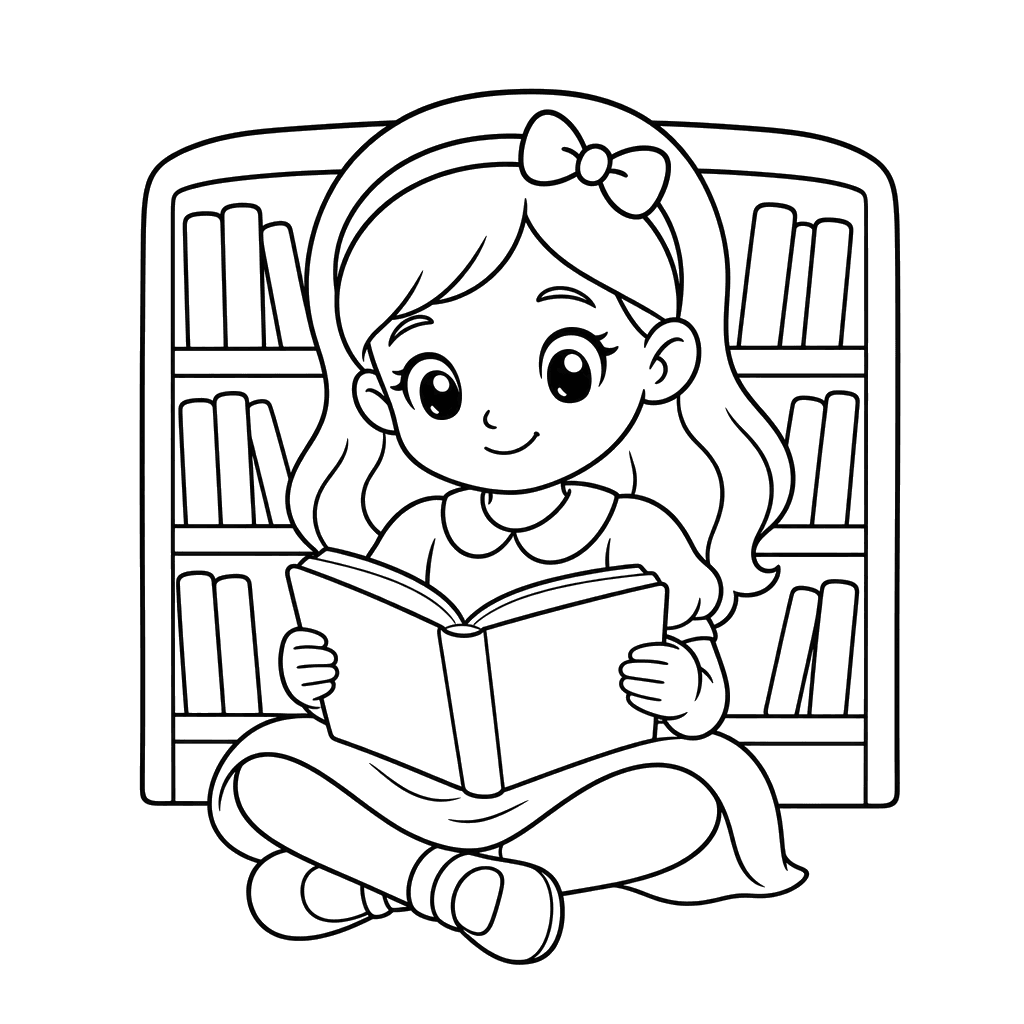 Anime girl in a library coloring page