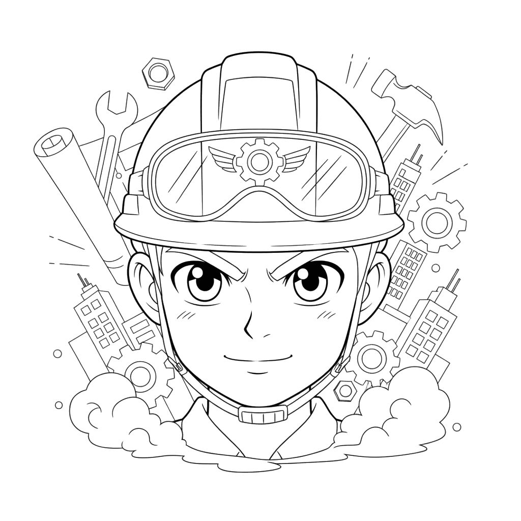 Builder's Face in a Hard Hat Coloring Page