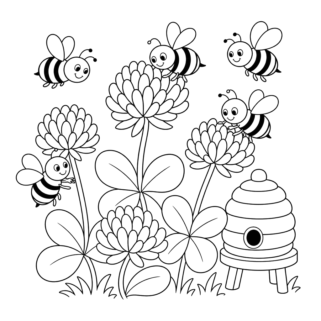 Busy Bees and Clover by a Little Hive – Coloring Page