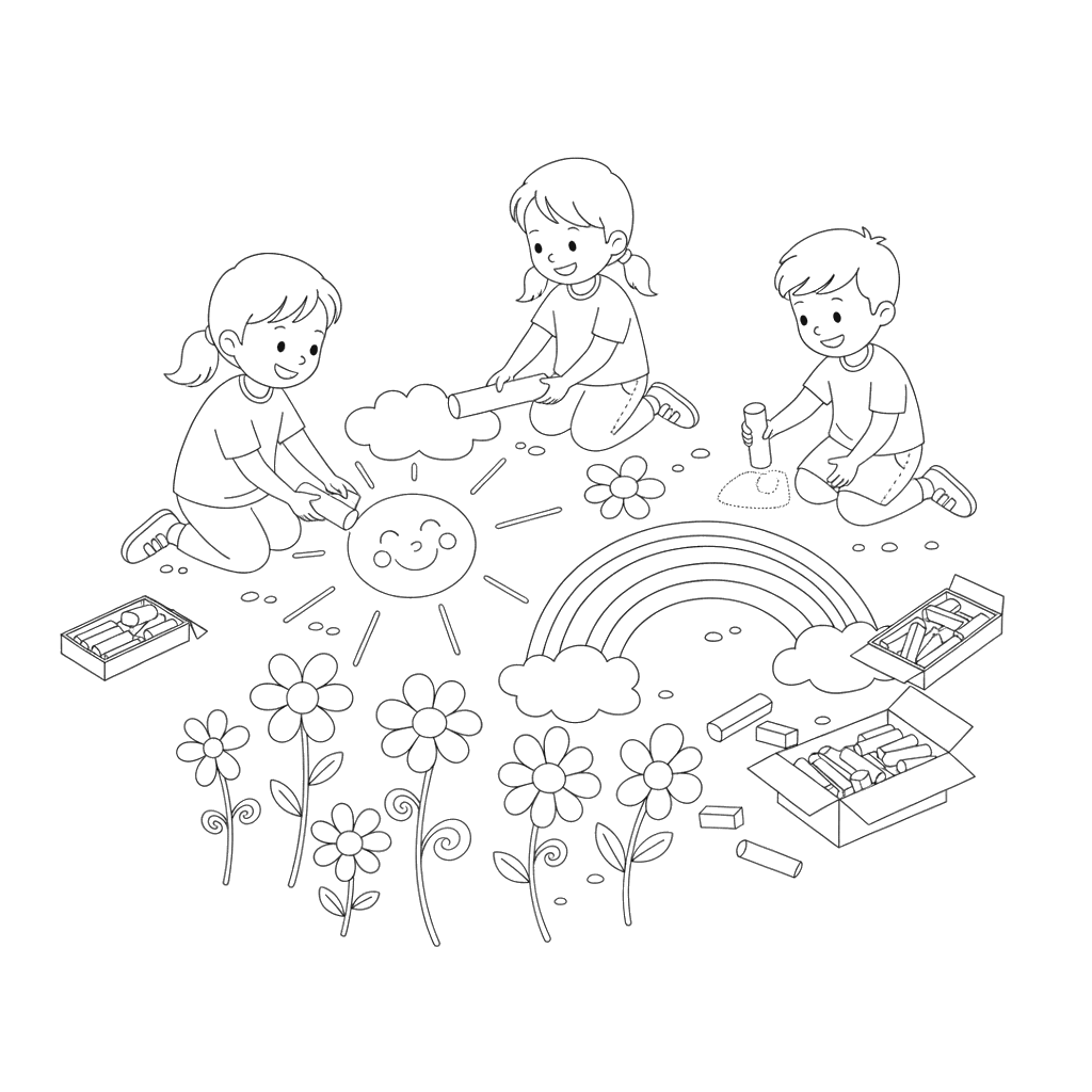 Kids Drawing with Chalks Coloring Page