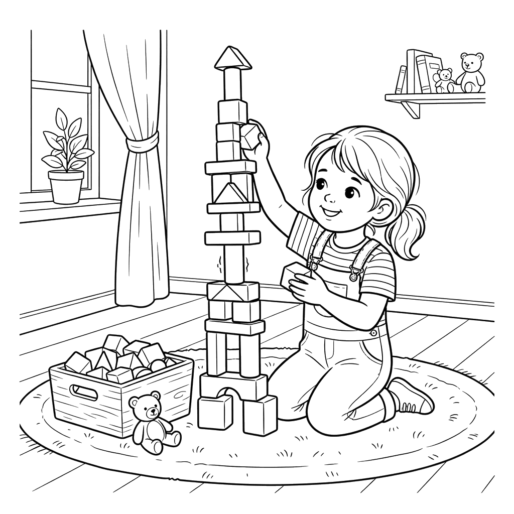 Child Building a Tall Block Tower Coloring Page