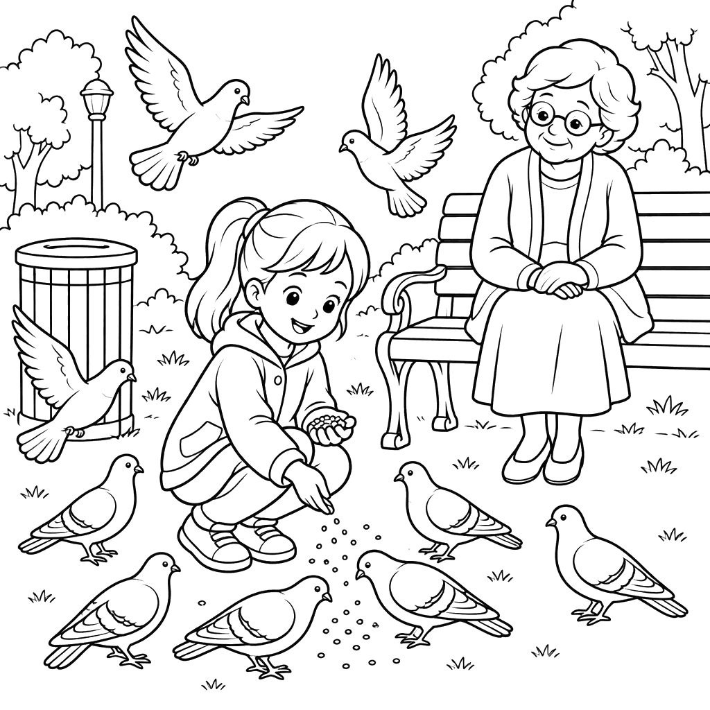 Girl Feeding Pigeons in the Park Coloring Page