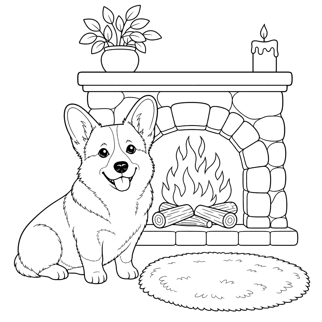 Corgi by a Fireplace Coloring Page