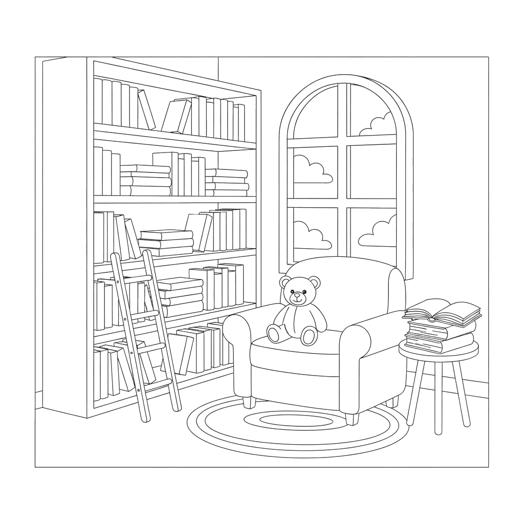 Cozy Library Corner Coloring Page