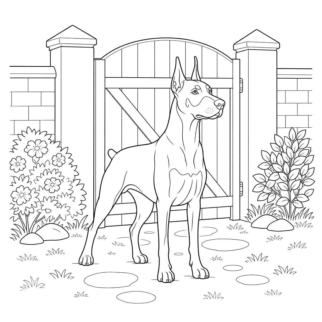 Doberman at the Yard Gate coloring page