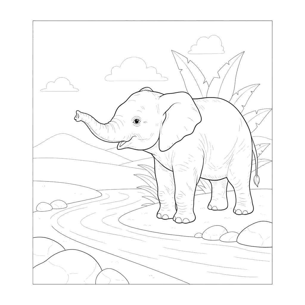 Elephant Drinking Water Coloring Page