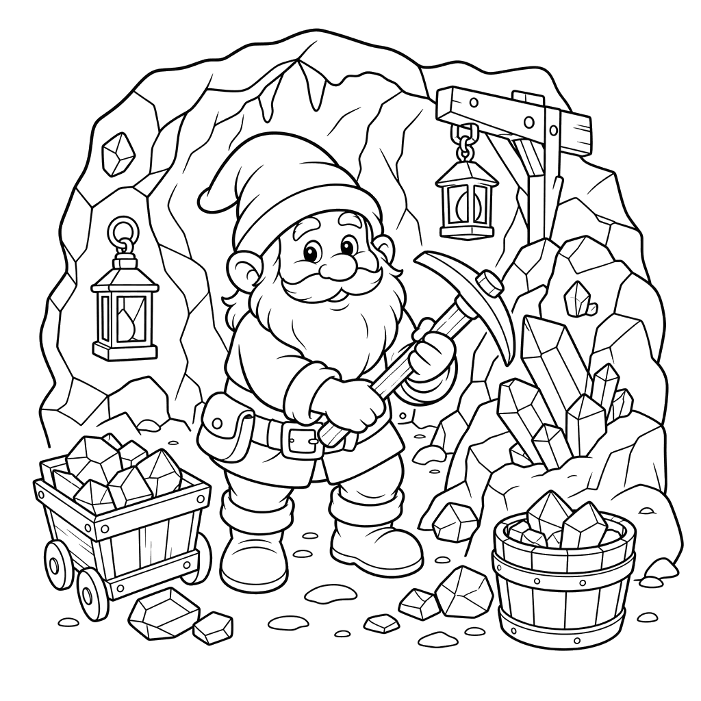 Gnome by Ore in a Cave — Coloring Page