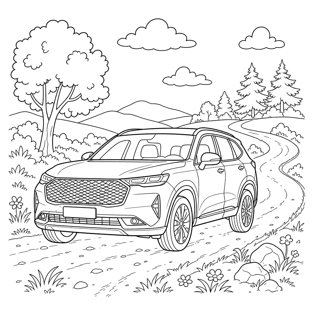 Haval H6 on a Country Road Coloring Page