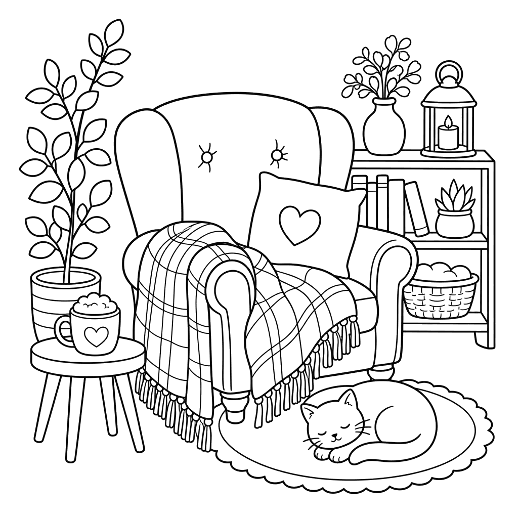 Hygge armchair with warm blanket coloring page