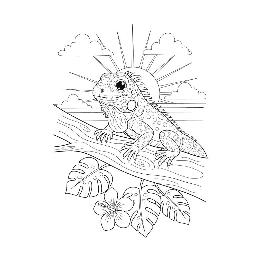 Friendly Iguana Sunset Coloring Page