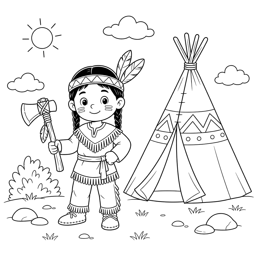 Indian with Tomahawk by Wigwam Coloring Page