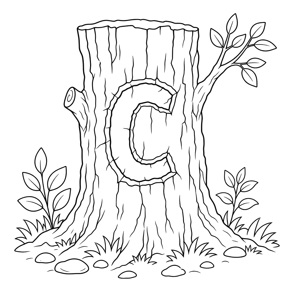 Letter C on Tree Bark Coloring Page