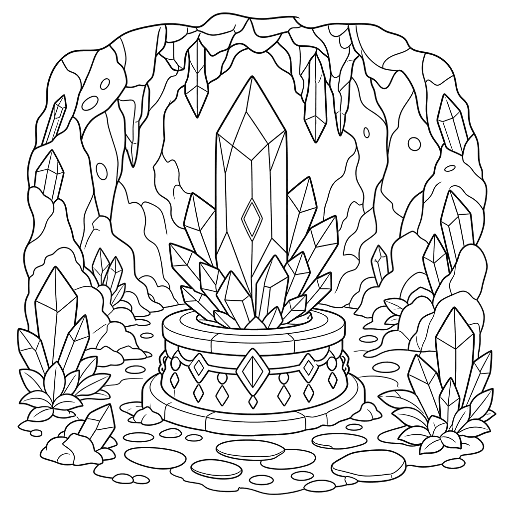 Magic Crystal in a Cave Coloring Page