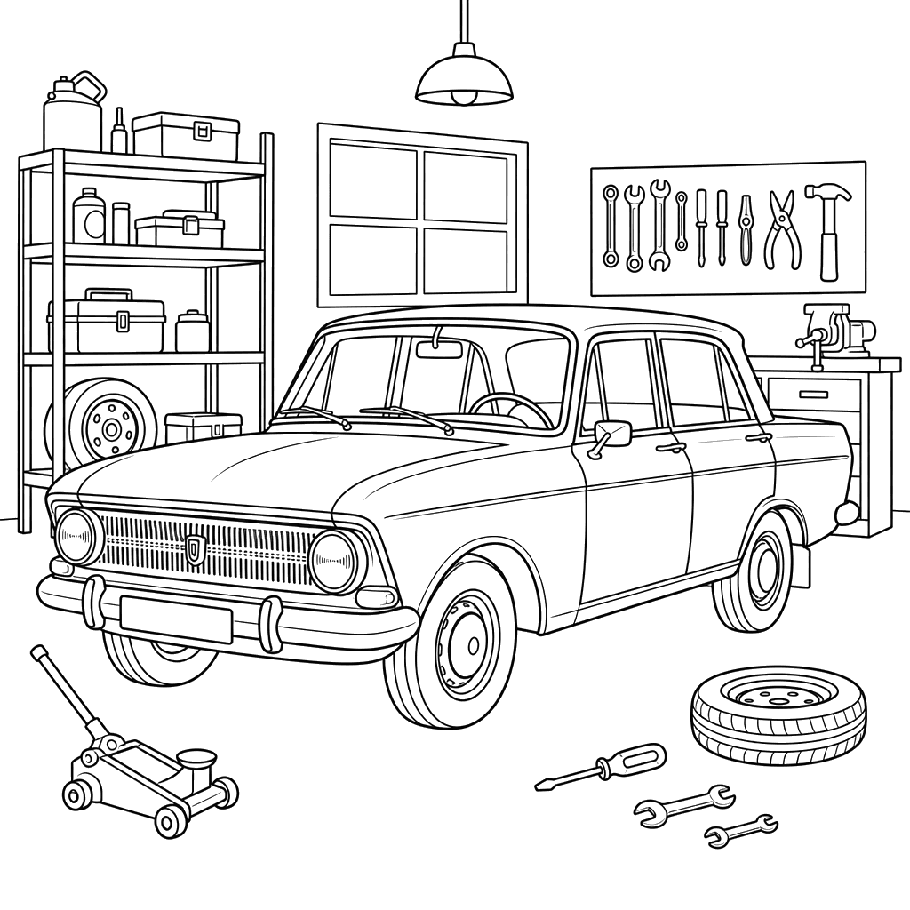 Moskvich Car in a Garage Workshop — Coloring Page