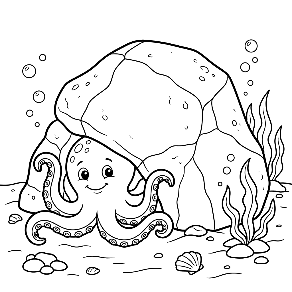 Octopus Hiding Under a Rock Coloring Page