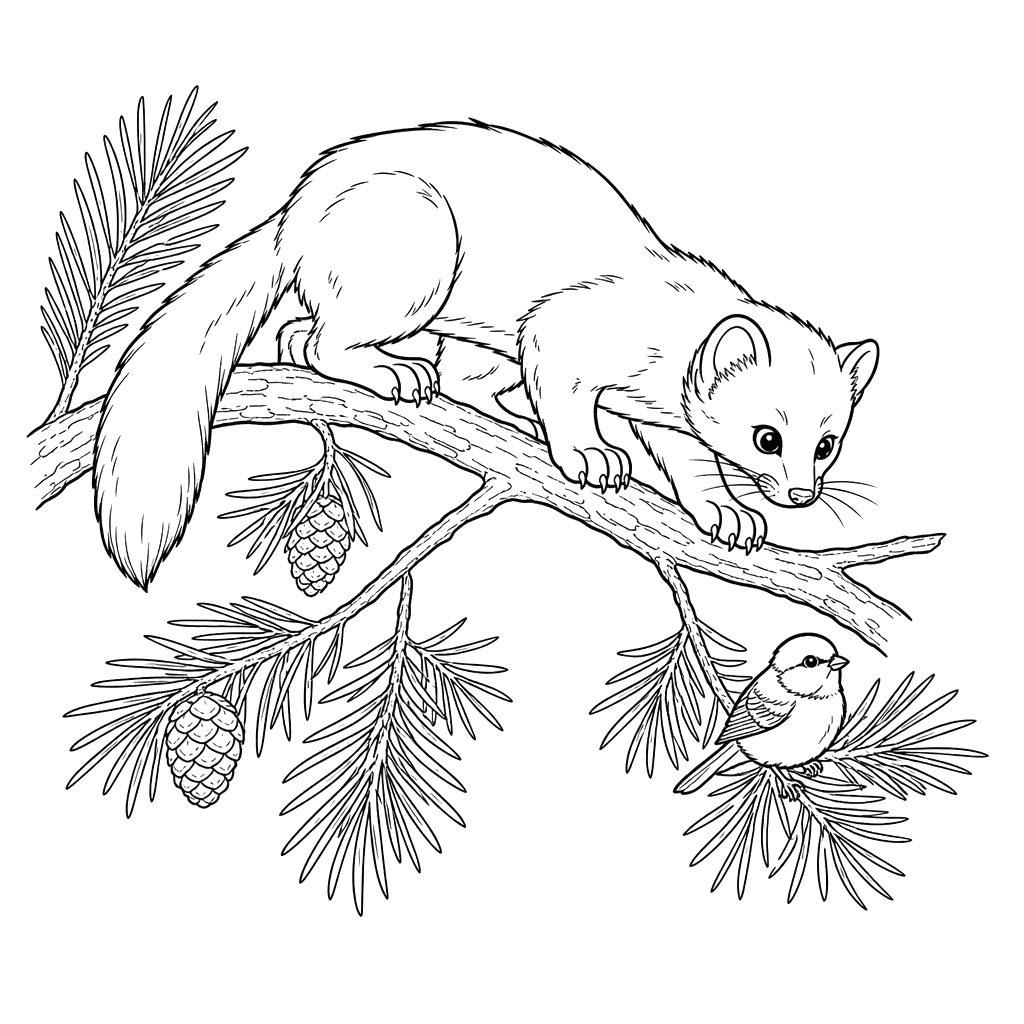 Pine Marten on a Pine Branch Coloring Page