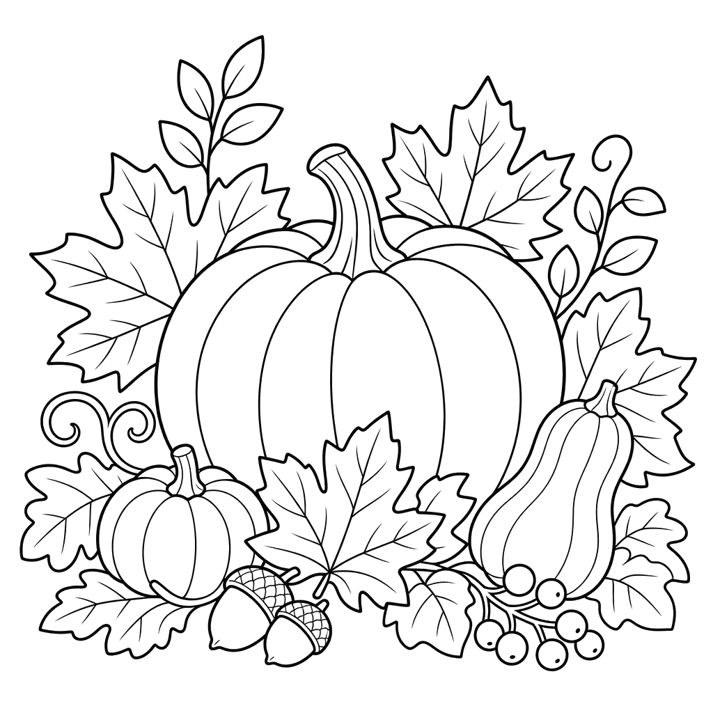 Pumpkin and Leaves Coloring Page