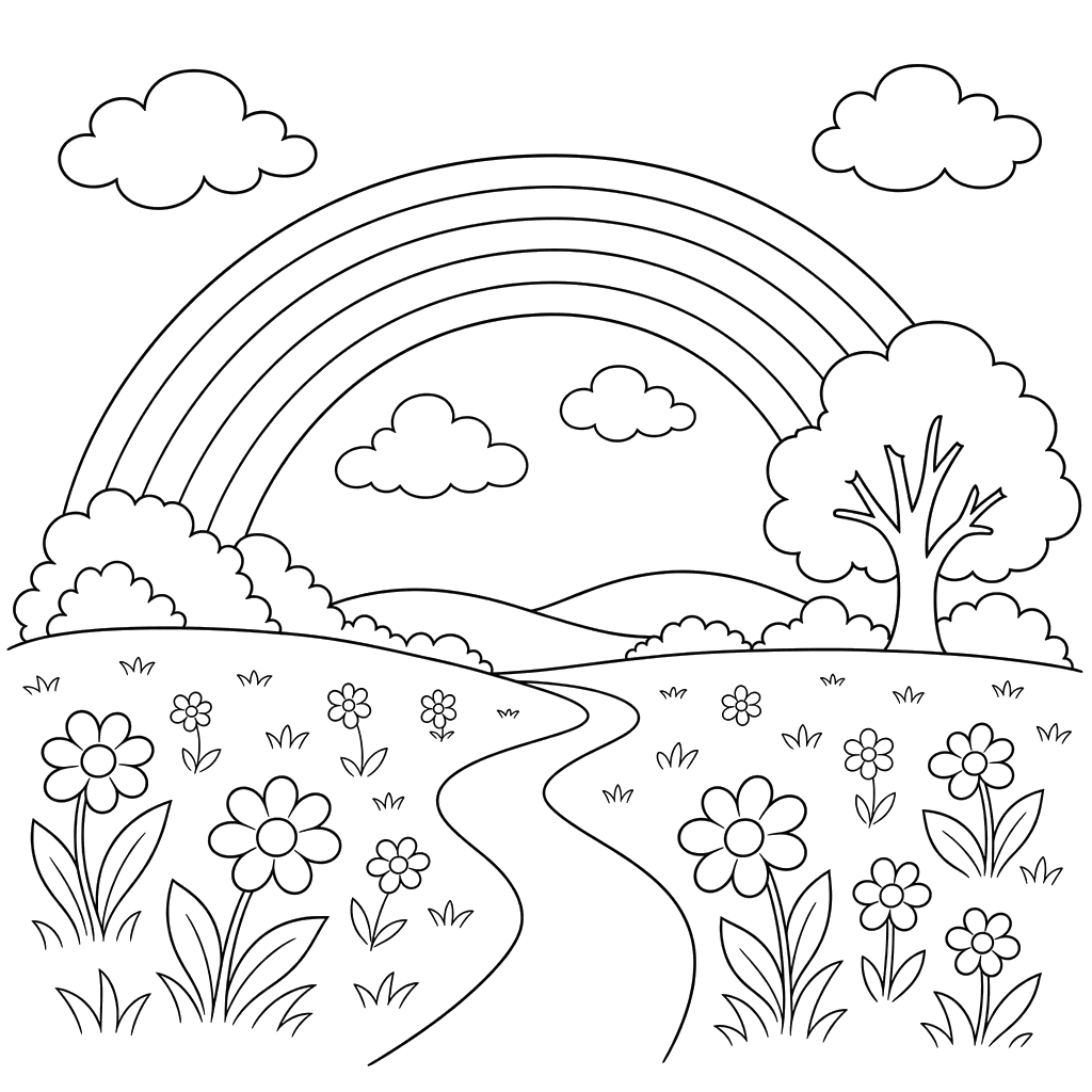Rainbow over a field: coloring page