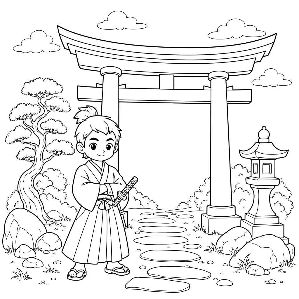 Samurai at Torii Gate Coloring Page