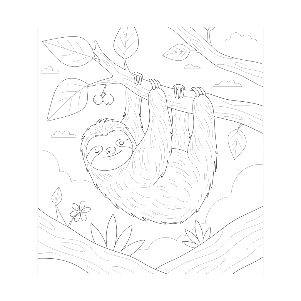 Sloth Hanging on a Tree Coloring Page