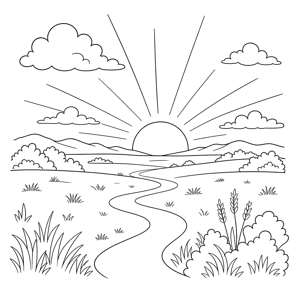 Sunset over a plain: coloring page