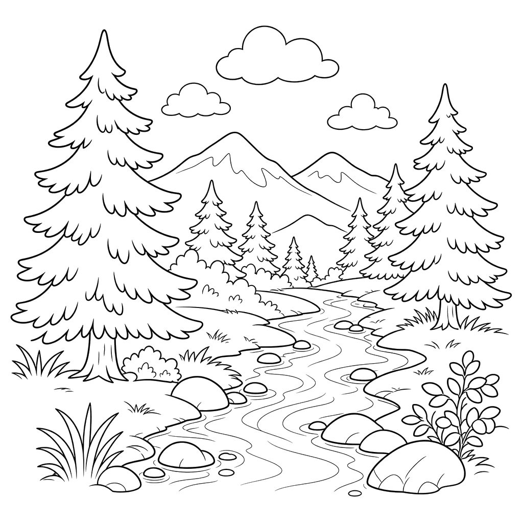 Taiga Landscape with Pines and a Stream: Coloring Page