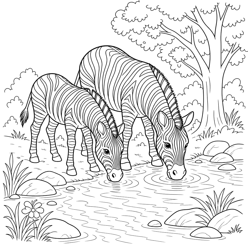 Zebras by the Stream Coloring Page
