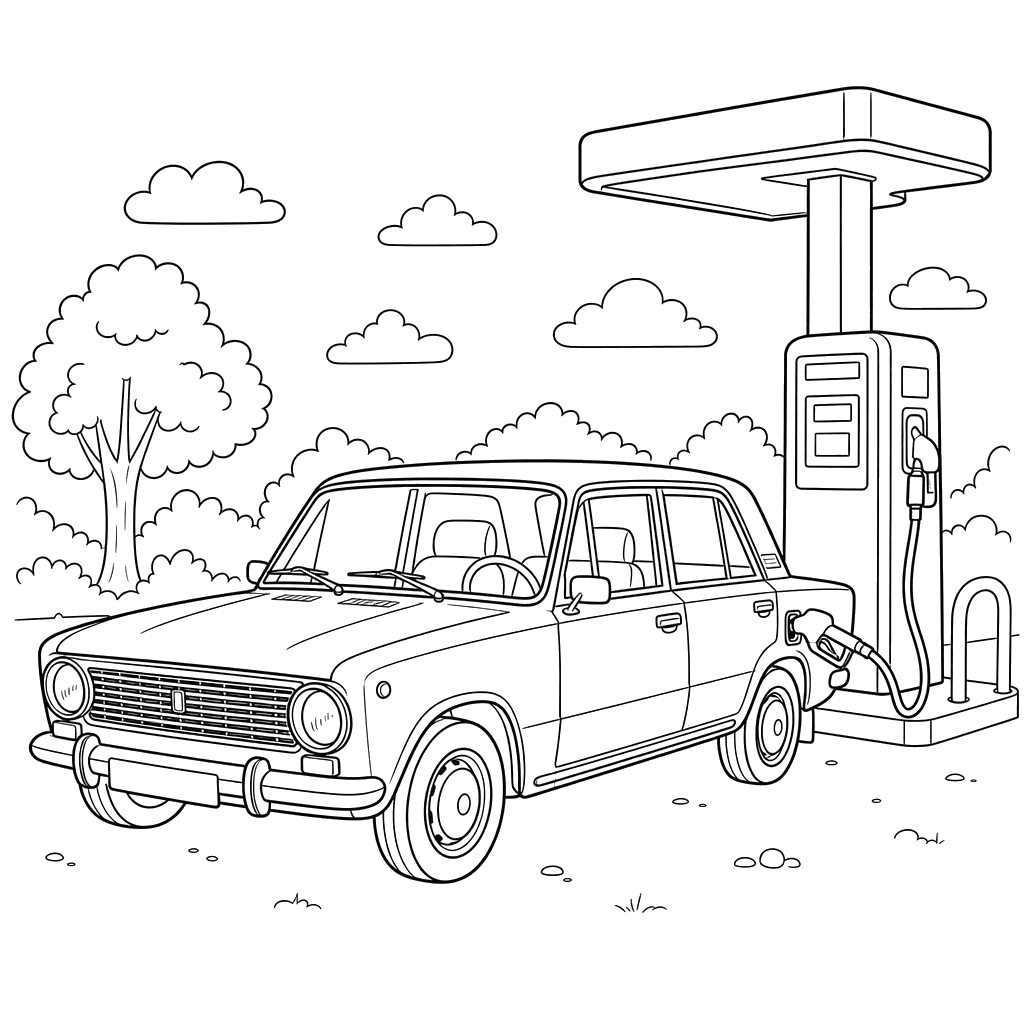 Zhiguli Car at a Gas Station Coloring Page