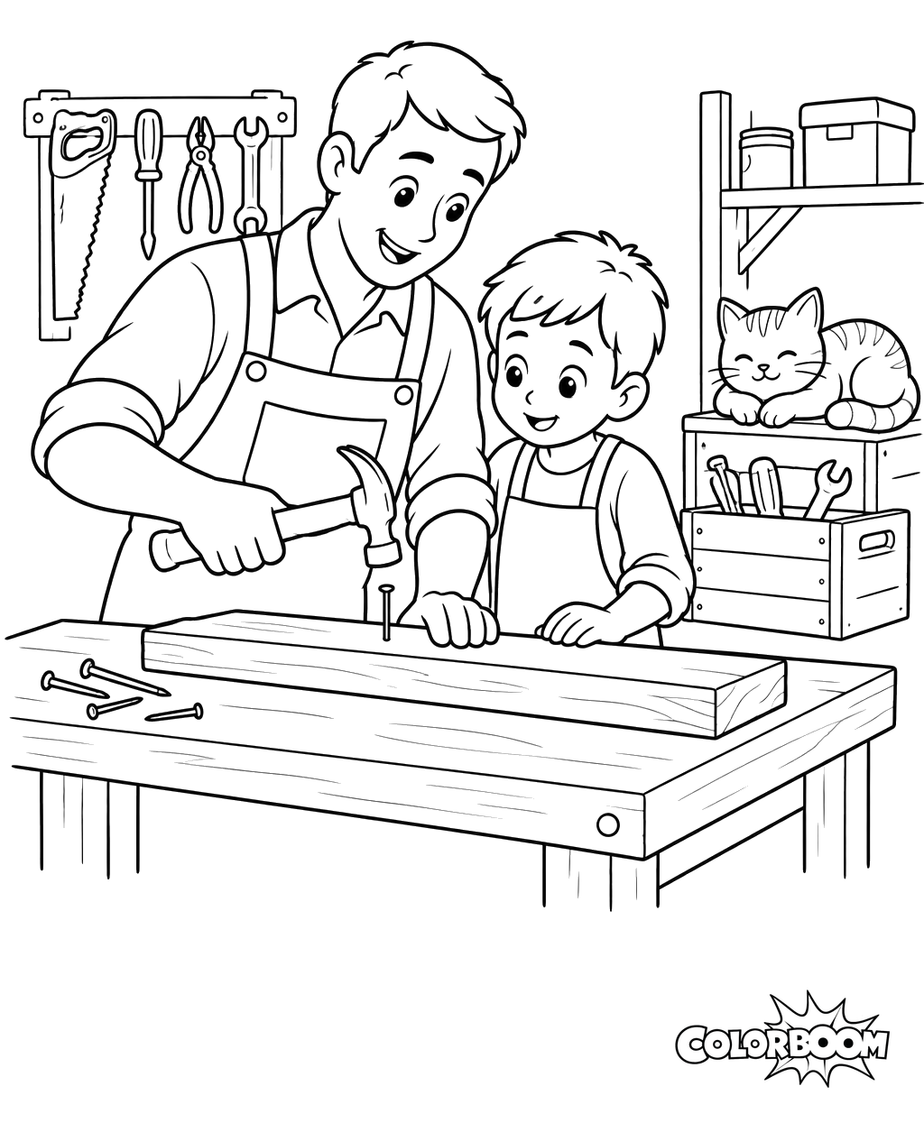 Father and Son in the Workshop Coloring Page