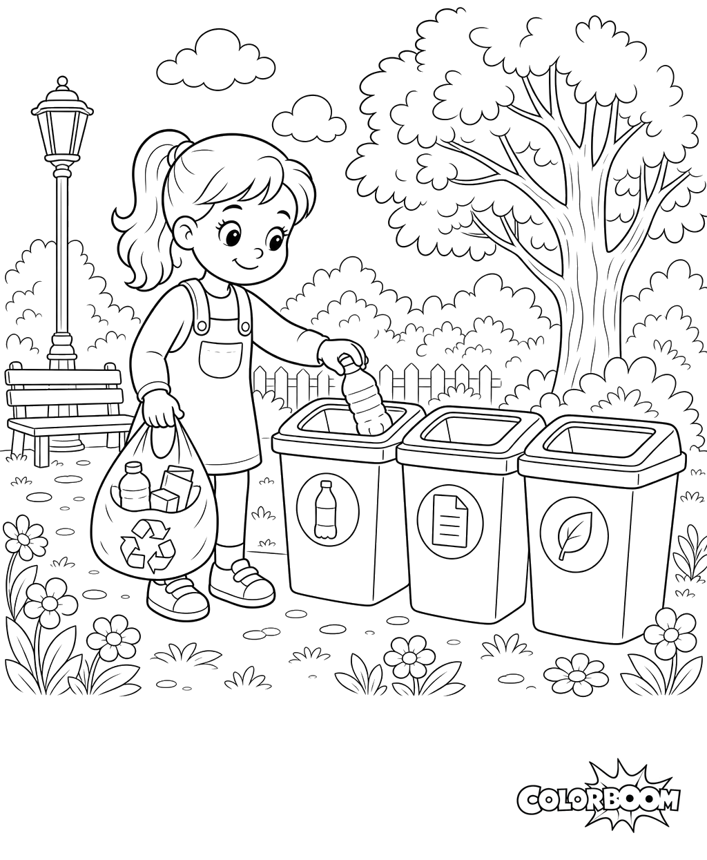 Girl Sorting Trash for Recycling Coloring Page
