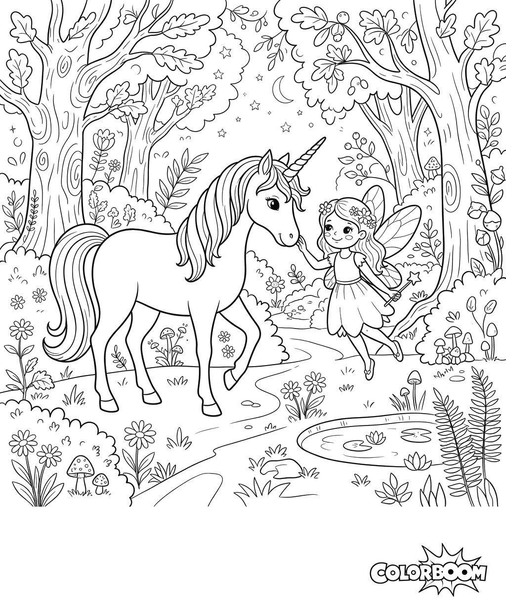 Unicorn and Fairy Forest Adventure Coloring Page