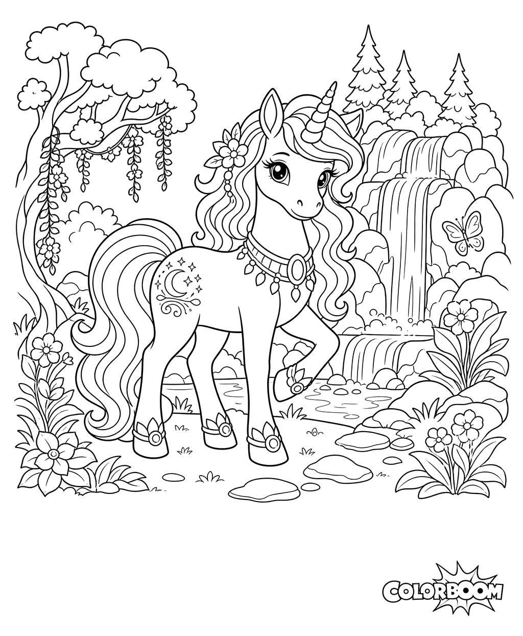 Unicorn by a Forest Waterfall